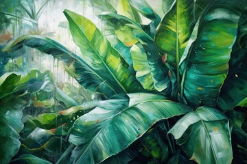 Banana leaf wallpaper, oil painting, green backdrop, mural art. Generative AI