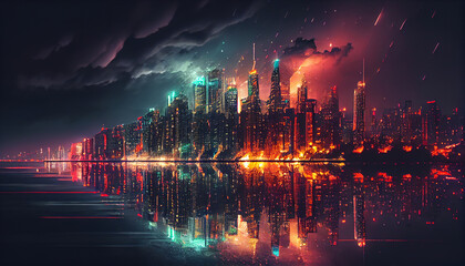 Obraz na płótnie Canvas City skyline at night skyscrapers modern illuminated reflective water generated by AI