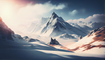 Fototapeta na wymiar Mountain peak rises above snow covered landscape majestic beauty generated by AI