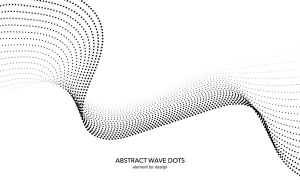Abstract wave dotted element for design. Stylized line with dot on art background. Waves range with lines dots. Digital frequency track equalizer. Curved smooth wavy string. Vector illustration.
