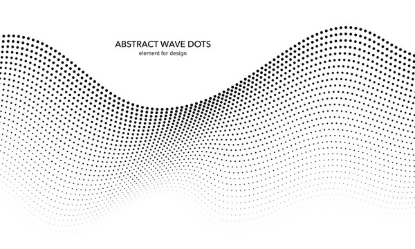 Abstract wave dotted element for design. Stylized line with dot on art background. Waves range with lines dots. Digital frequency track equalizer. Curved smooth wavy string. Vector illustration.