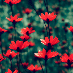 Fototapeta na wymiar Seamless pattern of red flowers on a background of blurred green leaves, bokeh background. Generative AI