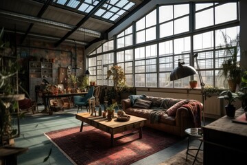 February 2, 2020, Eindhoven, Netherlands. Large windowed industrial city loft on Strijp S. A bright, eclectic, bohemian house. Generative AI