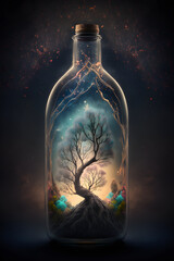 Magic tree with roots inside a glass bottle. Dark background. Generative AI