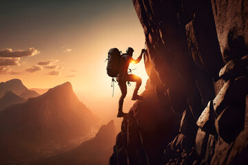 Side view through the sun of a hiker hiking on the mountain. A wild man with a backpack climbs a rock. Sports concept. Generative AI