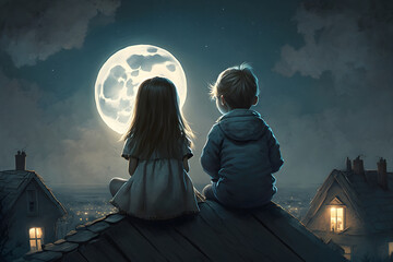 Children sit on the roof of a village house and look at the full moon in the night sky. Generative AI
