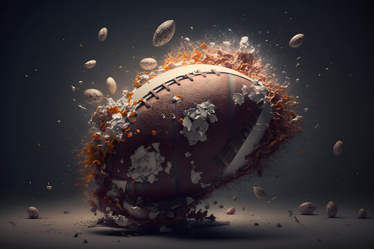 Illustration of american football sport ball explosion and splash effect on dark background. Generative AI