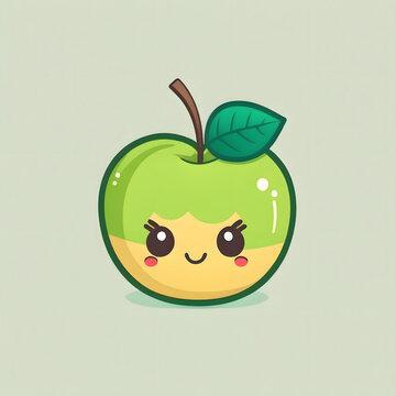 Cute little green apple fruit with kawaii face. Funny, cheerful and friendly food faces. Chibi happy cartoon characters. Generative AI vector illustration
