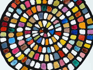 A colorful pen and ink and watercolor drawing based on a spiral.