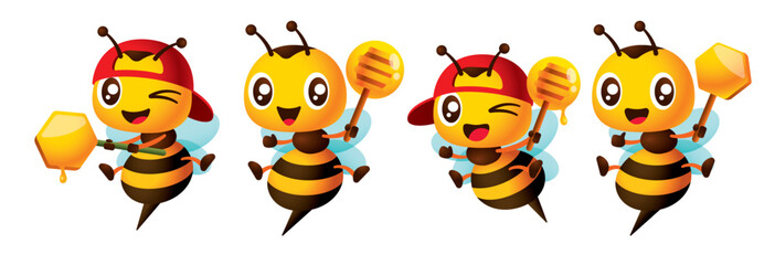 Cartoon cute bee mascot set with different poses holding honey dipper and honeycomb vector illustration
