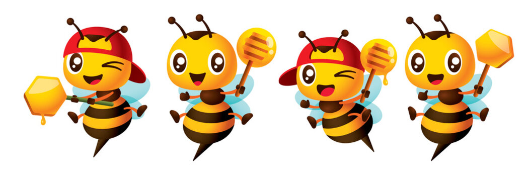 Cartoon cute bee mascot set with different poses holding honey dipper and honeycomb illustration