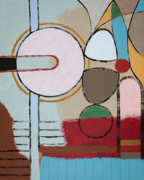 A modernist abstract painting featuring circles and irregular shapes.