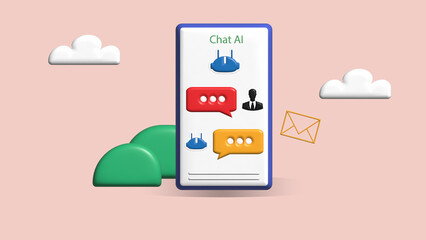 3D Realistic Chatbot robot providing online assistance. Futuristic and realistic style. Use of AI in customer service and support or messaging. 