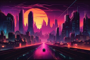 Beautiful Cyberpunk Cityscape with a sunset, Glitchy Animation style | Cyberpunk Wallpaper/Background |