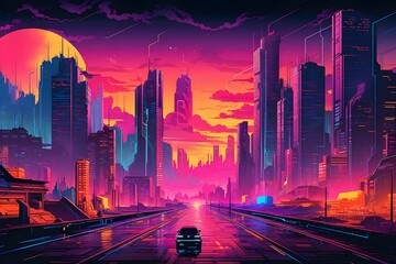 Beautiful Cyberpunk Cityscape with a sunset, Glitchy Animation style | Cyberpunk Wallpaper/Background | - obrazy, fototapety, plakaty