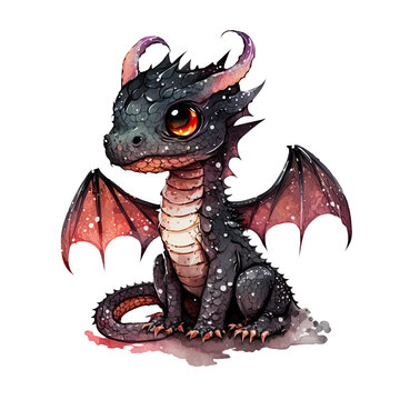 Cute black baby fantasy kawaii dragon with wings watercolor clipart. Generative AI illustration