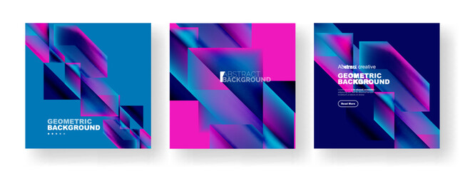 Vector set of abstract geometric poster backgrounds, colorful shapes with fluid colors. Collection of covers, templates, flyers, placards, brochures, banners