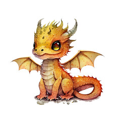 Fototapeta premium Cute yellow baby fantasy kawaii dragon with wings watercolor clipart. Generative AI illustration