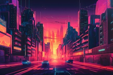 Beautiful Cyberpunk Cityscape with a sunset, Glitchy Animation style | Cyberpunk Wallpaper/Background |