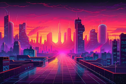 Beautiful Cyberpunk Cityscape with a sunset, Glitchy Animation style | Cyberpunk Wallpaper/Background |