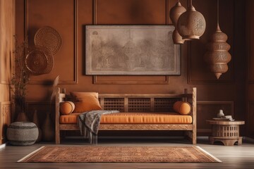 Comfortable house interior with wooden furniture on brown backdrop, vacant wall mockup in boho design,,. Generative AI