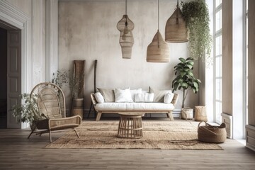 Blurred backdrop, antique living room, rattan furniture, parquet floor, wallpaper. Farmhouse decor,. Generative AI