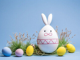 Cute egg shaped rabbit toy and painted easter eggs. Concept of happy easter day.