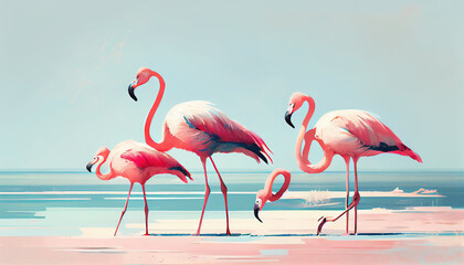 Fototapeta na wymiar Group of Flamingoes by The Beach Bright Dreamy and Minimalist Watercolor Art Background AI Generative