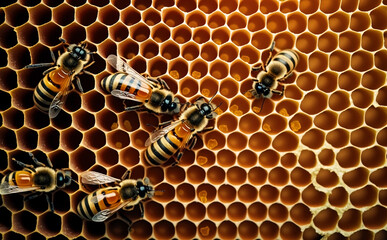 Generative AI image of bees on honeycomb - obrazy, fototapety, plakaty
