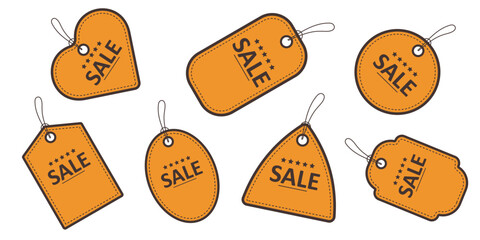 Set of vintage price tags in brown and yellow colors with a sale offer. Editable design.