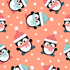 Childish seamless pattern with penguins in pink and blue colors. Design for fabric, for packaging, for wallpaper.