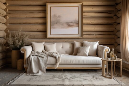 Front picture of white and beige log cabin living room. Frame mockup, fabric sofa with cushions. Farmhouse decor,. Generative AI