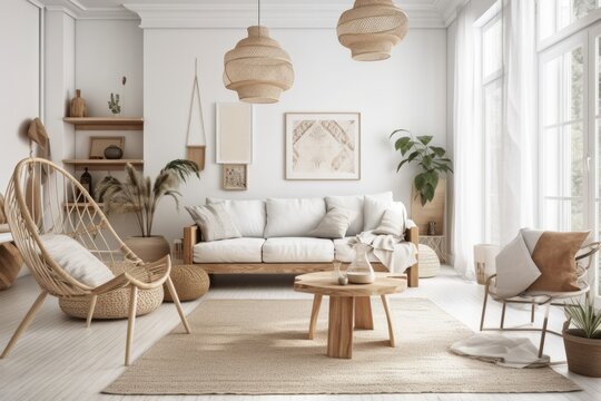 Scandi Boho white room mockup with natural wooden furnishings. Generative AI