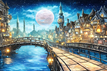 キラキラランプの光と満月のある異世界の夜の橋