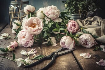 Boho room with flowers and scissors on rustic wood. Decorated summer flowers. Pink and white peonies, melancholy photo. Generative AI