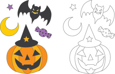 ハロウィンのカボチャとコウモリの塗り絵