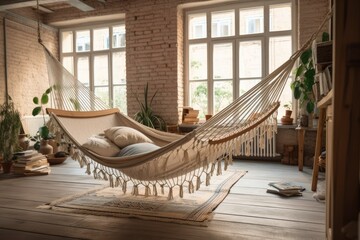 Pillow filled hammock in trendy room. Decor. Generative AI