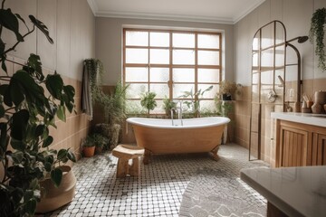 Modern bathroom décor. Freestanding bathtub, wooden folding screen, and house plants on floor. Traditional bath in contemporary flat. Generative AI