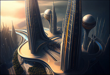 Futuristic city at sunset. Generative AI.