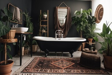 Vintage bathroom with magnificent decor, modern black tub, textile carpet, green plants in flower pots, mirror, and copy space on white wall. Generative AI