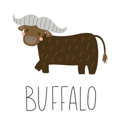 Educational English word card with cute buffalo in scandinavian style. Vector illustration for your educational material design