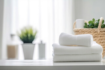 Table Top And Background Bathroom Blur - Stacked white towels on white table with copy space on blurred bathroom background. For product display montage - Generative AI