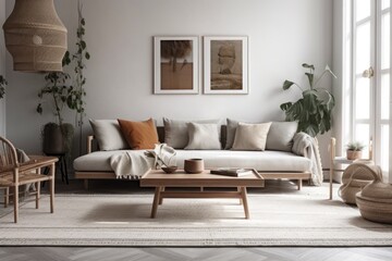 Contemporary interior design with grey couch, coffee table, macrame, plants, carpet, and stylish accessories. Minimalist house décor. Template. Generative AI