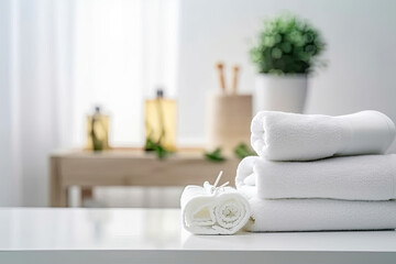 Obraz na płótnie Canvas Table Top And Background Bathroom Blur. - Stack of white towels on white table with copy space on blurred bathroom background. For product display montage - Generative AI 