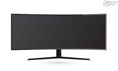 Ultra curved gaming display. White blank 8k monitor mockup, Modern video panel white flatscreen.