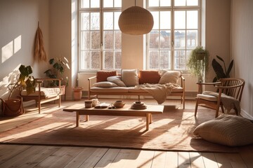 Obraz premium Sunlit living room, couch. Generative AI