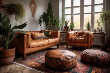Oriental cushioned sofa in boho apartment living room. Decor and environmental leather couch with potted home plants. Generative AI