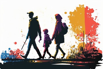 colorful pictogram of family hiking or walking, adventure, nature