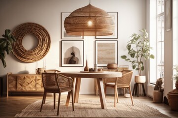 Boho chic dining area with circular wooden table, design chair, brown couch, commode, mock up poster frame, pendant light, tea pot, decoration, and stylish accessories. Interior design. Generative AI