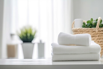 Table Top And Background Bathroom Blur - White towels on white table with copy space on blurred bathroom background. For product display montage - Generative AI